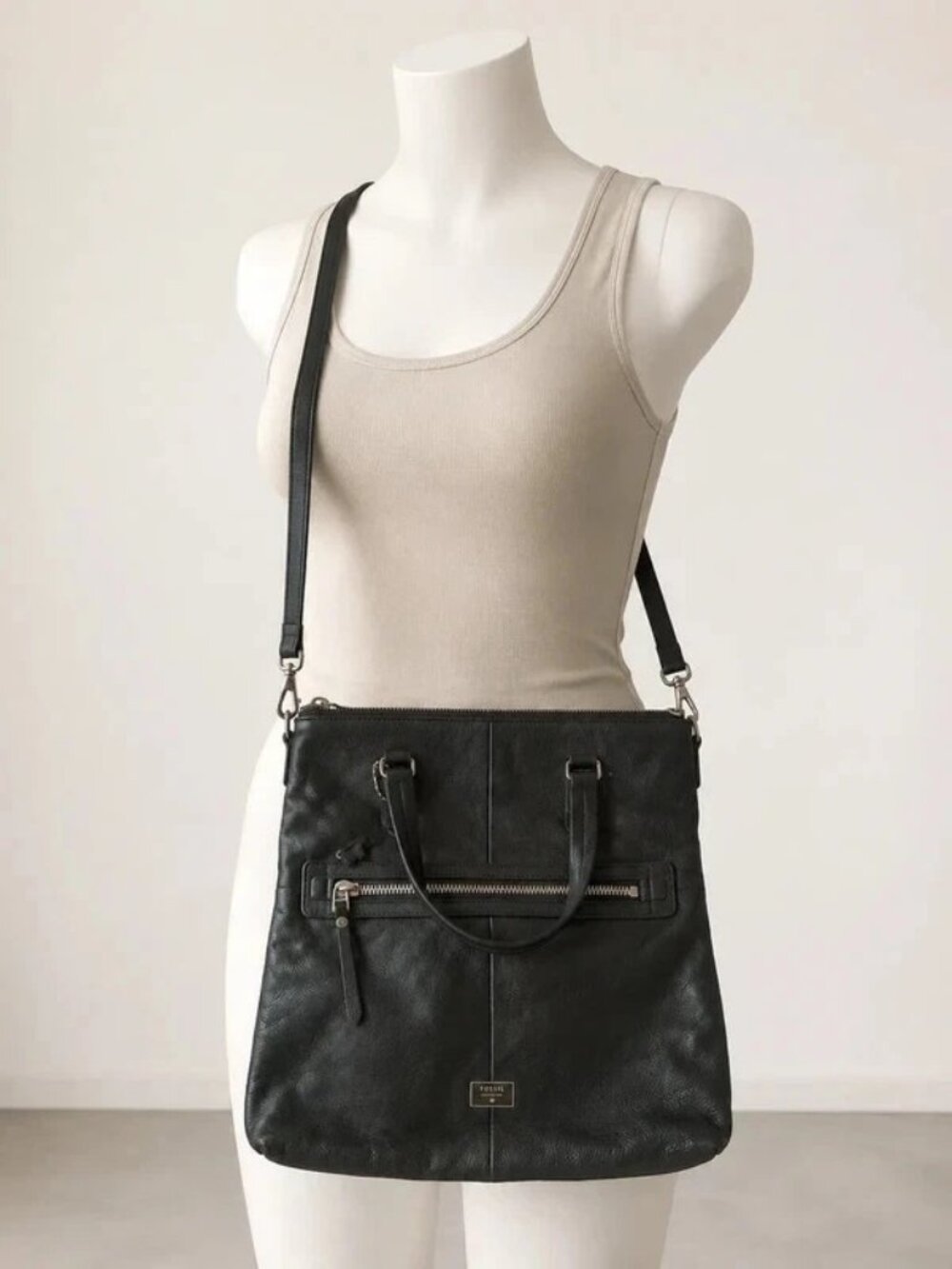 Fossil Black Genuine Leather Convertible Tote Crossbody Bag